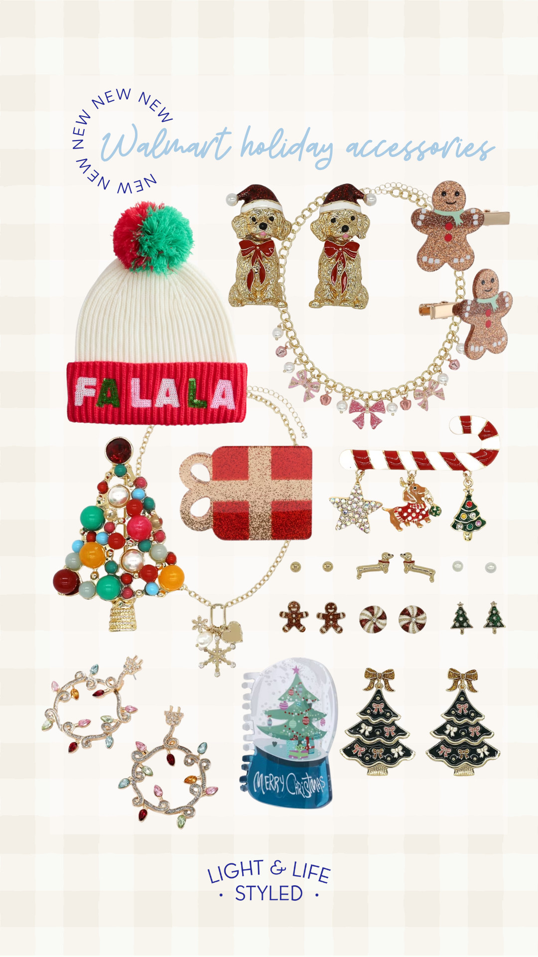 Holiday accessories are already at Walmart and these are so cute and affordable. Seriously, most are under $10! The adorable Santa dog earrings, Christmas light earrings, and Christmas tree earrings will go great with a festive sweater or a neutral outfit. The Fa La La snow hat is the perfect mix of retro and modern. The gold charm necklaces are so trendy and I can't get enough of the festive clips! And the gold pins will make any jacket elevated AND festive. Walmart Christmas finds, Walmart holiday finds, early Christmas deals 

 #LTKSeasonal