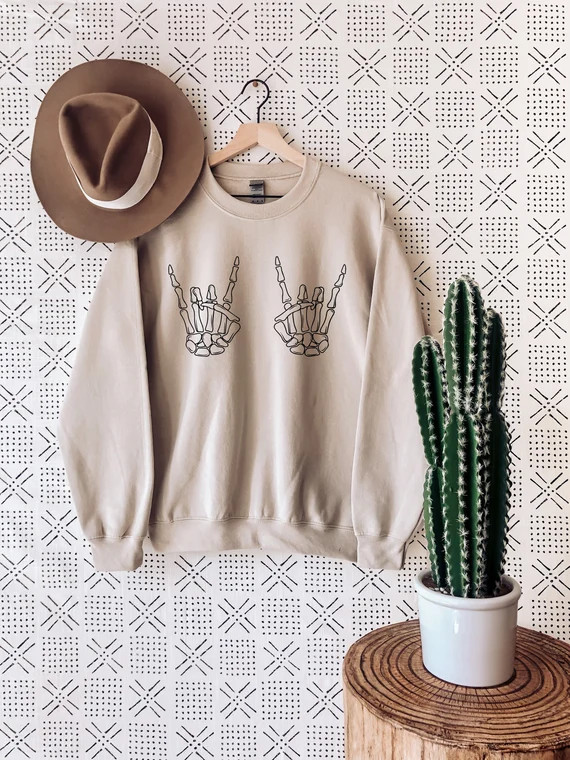 Rock on Skeleton Hands Sweatshirt Crewneck Sweatshirt - Etsy | Etsy (US)