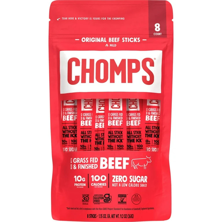 Chomps Grass-Fed and Finished Original Beef Jerky Meat Snack, 10g of Protein (8 Count) | Walmart (US)