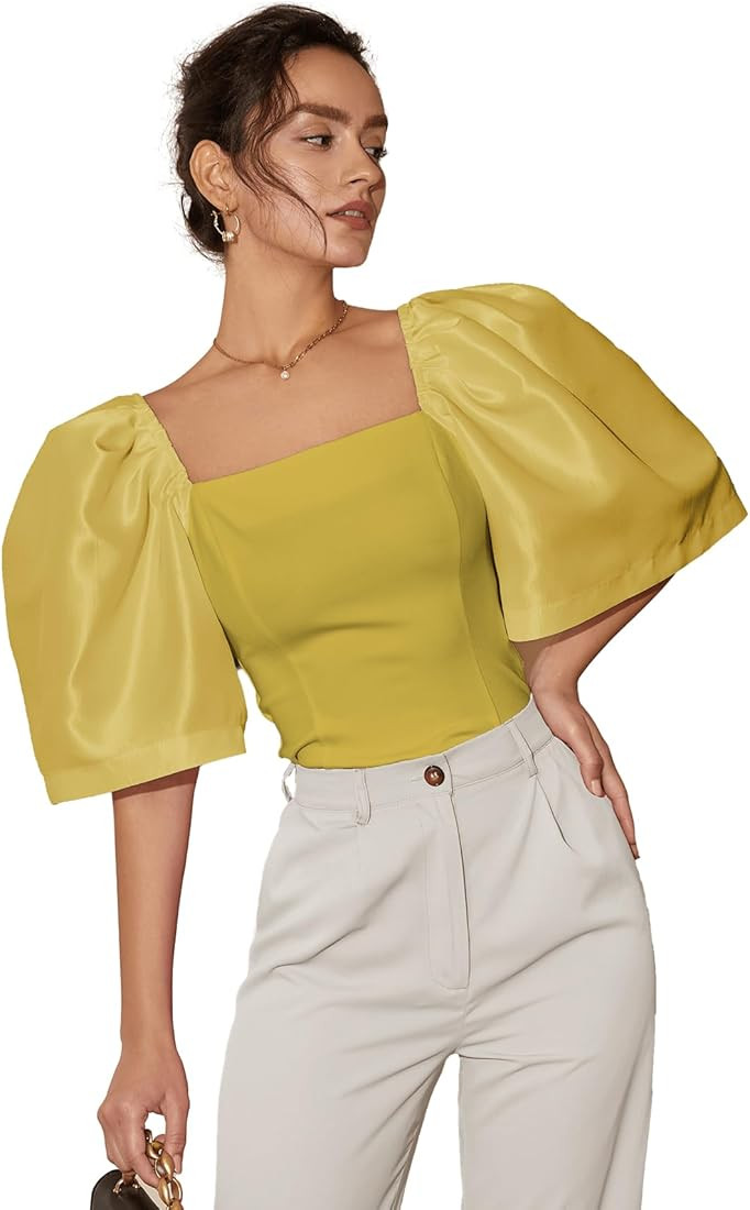 Floerns Women's Square Neck Puff Short Sleeve Elegant Blouse Crop Top | Amazon (US)