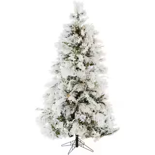 Fraser Hill Farm 9-ft. Pre-Lit Snow Flocked Snowy Pine Artificial Christmas Tree, Warm White LED ... | The Home Depot