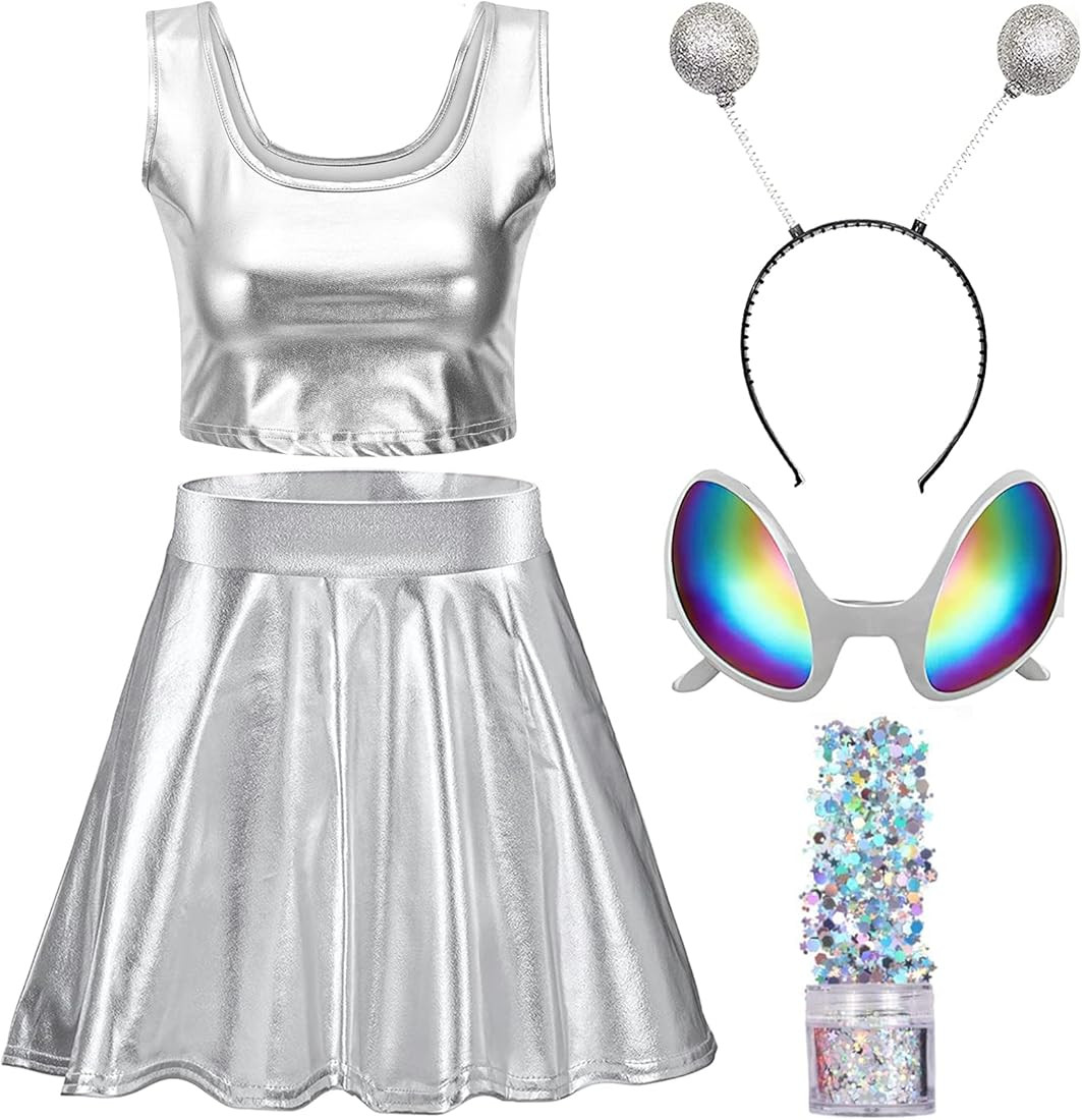 Alien Halloween Costume Women,Antenna Headband Adult,Metallic Outfit Top and Shirt | Amazon (US)