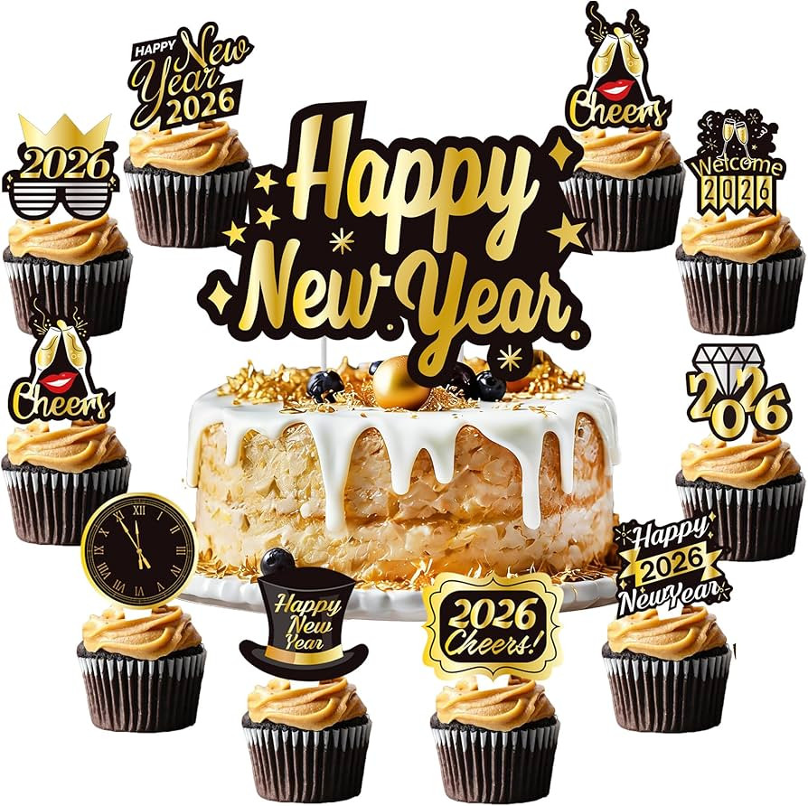 Happy New Year Cake Topper 73pcs Black Gold 2026 Cupcake Toppers for 2026 New Year's Eve Party De... | Amazon (US)