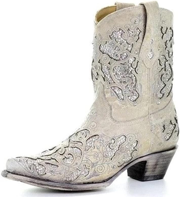 SaraIris Women's Vintage Cowgirl Boots Chunky Block Heel Embroidery Glitter Rhinestone Mid Calf Boot | Amazon (US)
