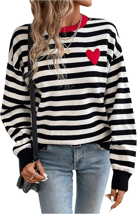 Milumia Women's Colorblock Heart Striped Crew Neck Long Sleeve Casual Sweaters Black and White Large | Amazon (US)