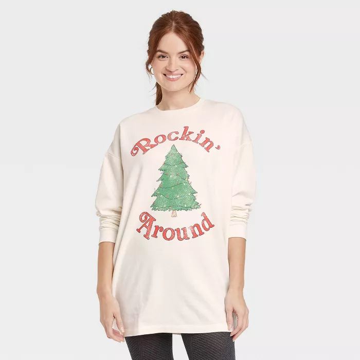 Women's Holiday Rockin' Around Long Sleeve Graphic Sweatshirt Dress - Off-White | Target