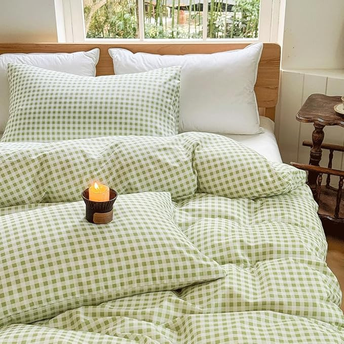 NSNLGSGC Sage Green Gingham Cotton Duvet Cover Set Queen, 100% Washed Cotton Plaid Comforter Cove... | Amazon (US)