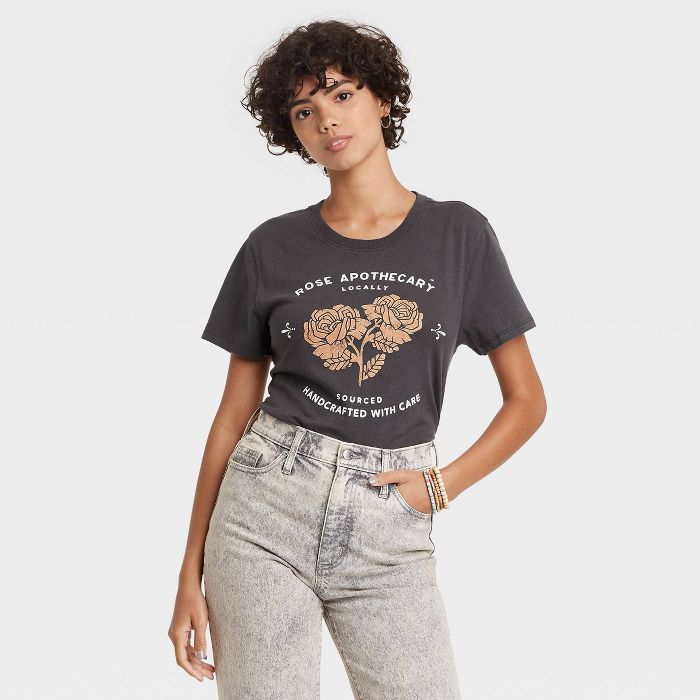 Women&#39;s Schitt&#39;s Creek Rose Apothecary Short Sleeve Graphic T-Shirt - Black Wash S | Target