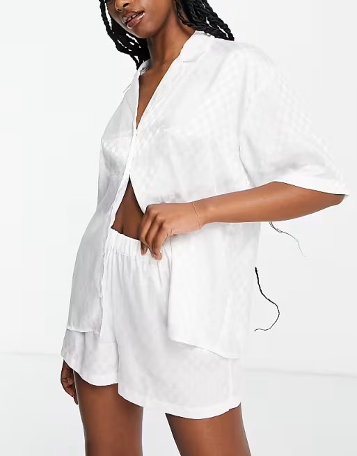 Topshop checkerboard jacquard shirt & short pyjama set in white | ASOS (Global)