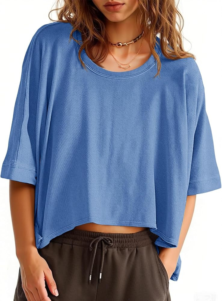 Tankaneo Womens Oversized T-Shirts Cropped Summer Casual Short Sleeve Loose Fit Tee Tops | Amazon (US)