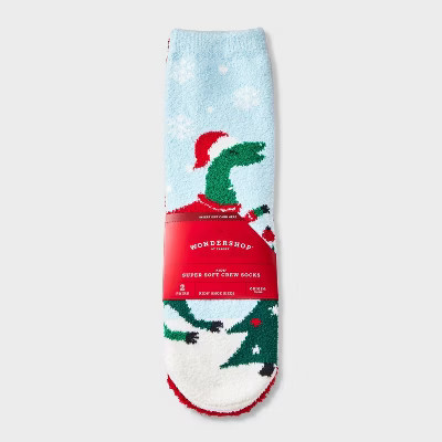 Kids' 2pk Christmas Dinosaur & Snowflakes Cozy Crew Socks with Gift Card Holder - Wondershop™ | Target