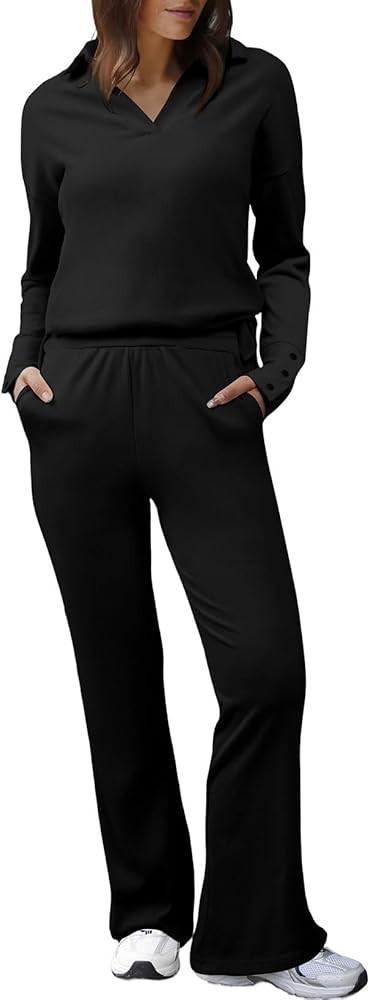 Herseas Women Sweater Set 2 Piece Outfits 2025 Long Sleeve Knit Lapel V Neck Tops High Waist Wide... | Amazon (US)