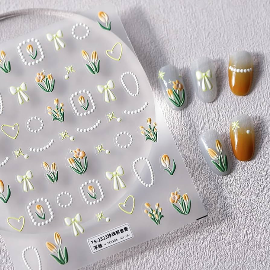 Flower Nail Stickers 5D Embossed Nail Art Stickers Decals Self-Adhesive Tulips Floral Bows Spring... | Amazon (US)