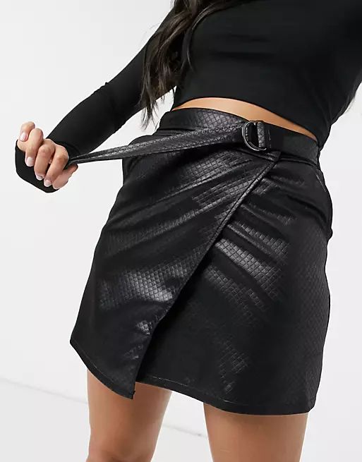 ASOS DESIGN leather-look quilted mini skirt with d-ring in black | ASOS (Global)