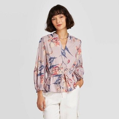 Women's Floral Print Long Sleeve Tie Waist Blouse - A New Day™ | Target