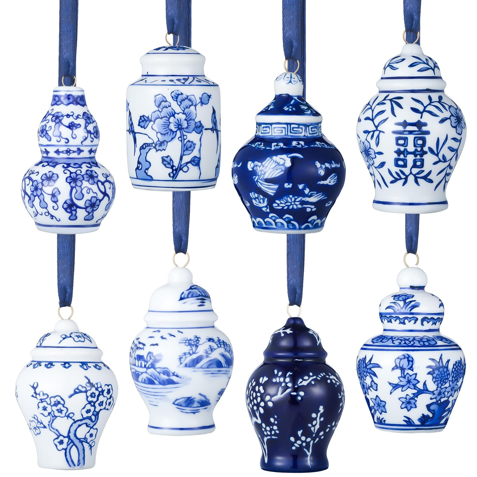 BBTO 8 Pcs Mini Chinoiserie Porcelain Hanging Decorations Blue and White Ceramic Tree Pendant Ornaments Birthday Party Baby Shower Wedding Home Decor (Classic Style) | Amazon (US)