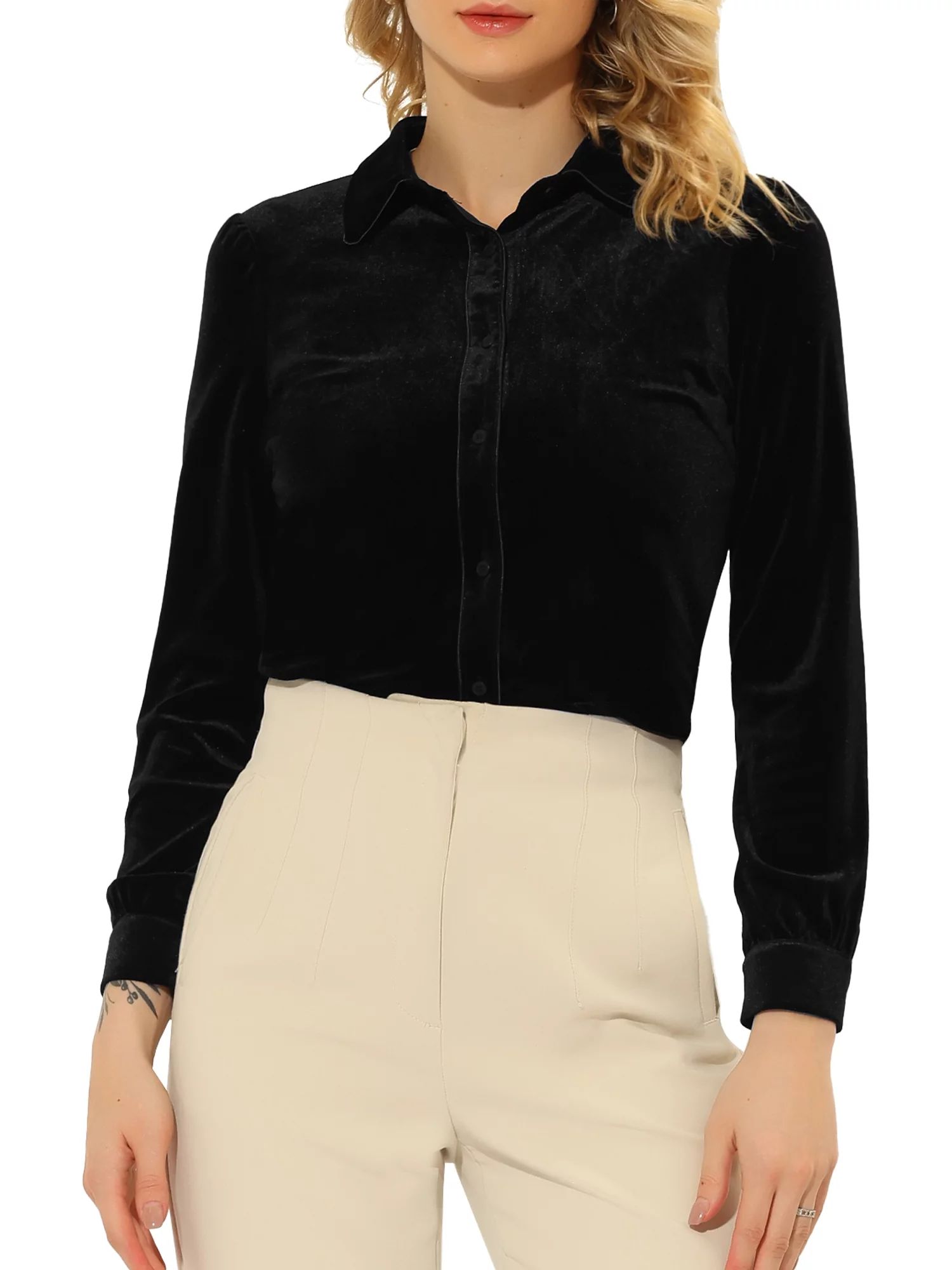 Allegra K Women's Point Collar Long Sleeve Button up Velvet Shirt - Walmart.com | Walmart (US)