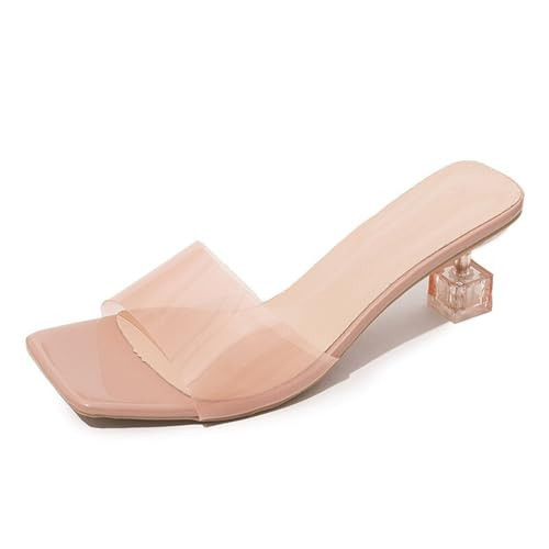 NBZKBNG Women's Transparent Backless Kitten Clear Heel Sexy Slides Lightweight Fashion Square Open Toe Non-Slip Slip-On Low Heels Dress Mule Sandals for Summer Casual Party Prom (Pink,6) | Amazon (US)