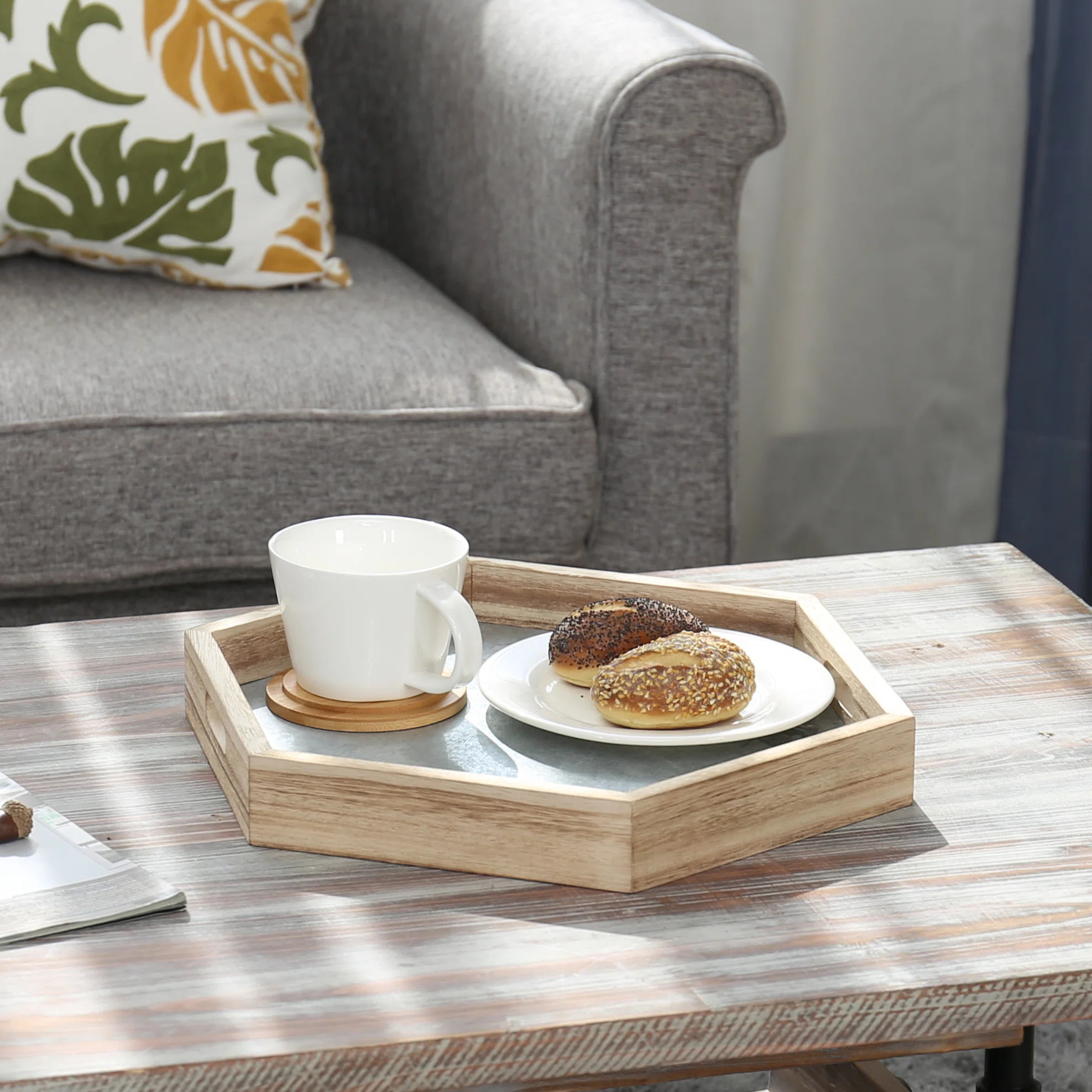 Wood Hexagonal Serving Coffee Tray with Galvanized Base | Wayfair North America