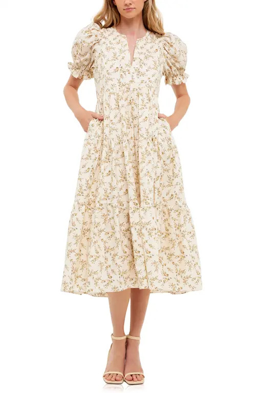 English Factory Floral Puff Sleeve Cotton Midi Dress in Ivory Multi at Nordstrom, Size Small | Nordstrom