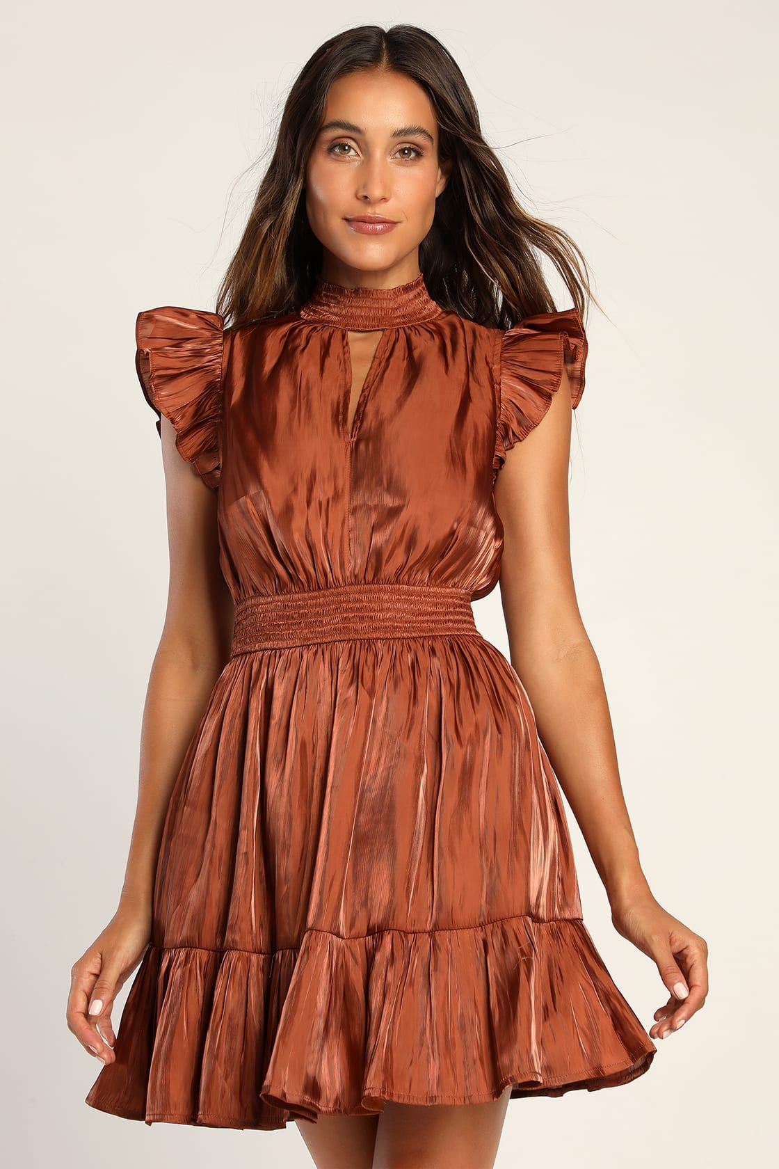 Sheen You Across the Room Rust Brown Ruffled Smocked Mini Dress | Lulus (US)