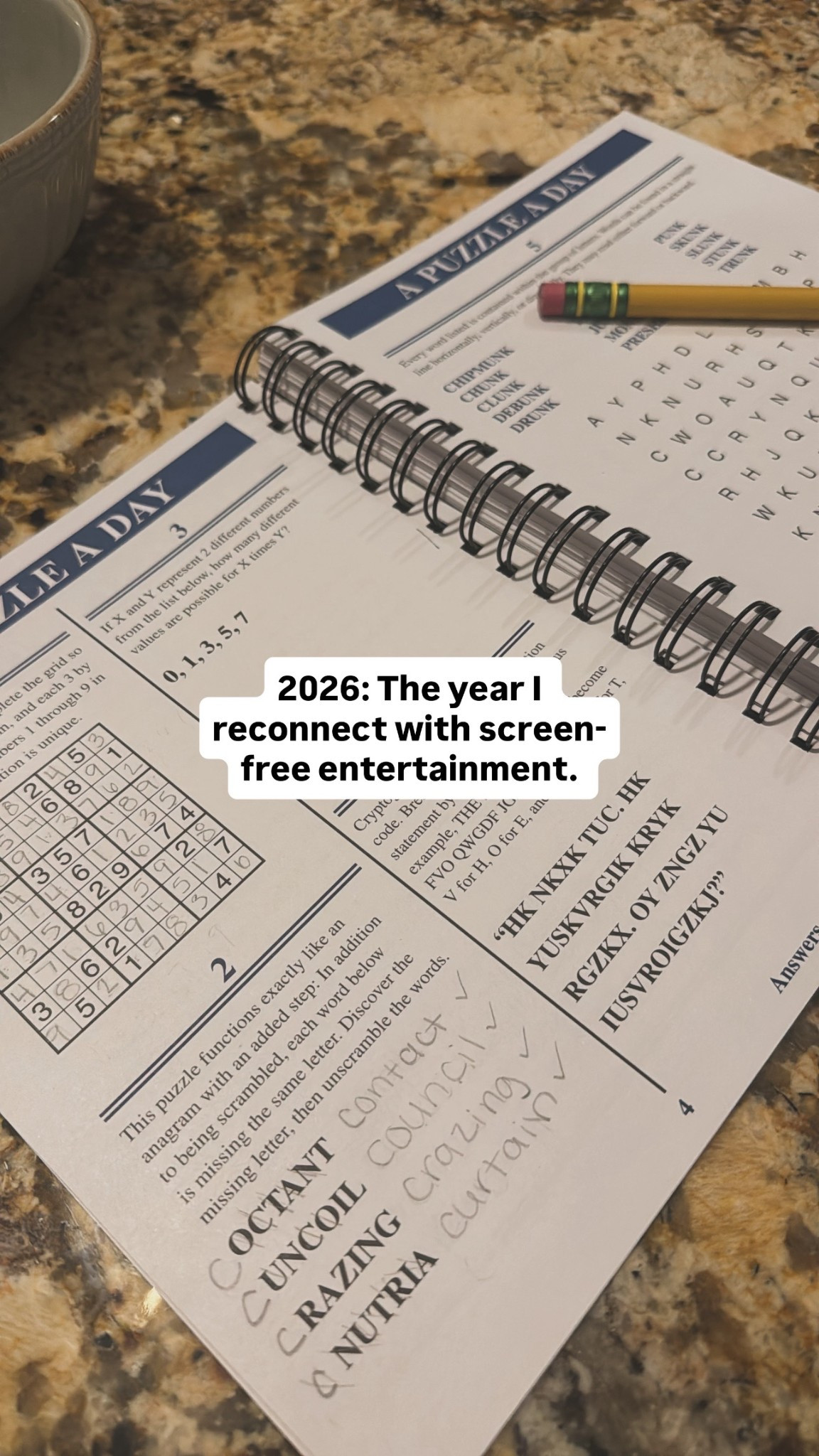 I posted this puzzle a day book for adults on my story, and everyone is asking for the link - so here it is! I’m looking to spend a heck of a lot less time on the internet in 2026. I’m not disappearing from my platforms, just disconnecting from the stuff that doesn’t serve me. So I bought this book to give me something to do offline. 

Don’t get me wrong, the internet has a lot of perks. But I know I can do a better job at using it intentionally. So this year, that’s what I’m going to do! ♥️ LMK if you want to join me, and if you want me to share more on this journey. 