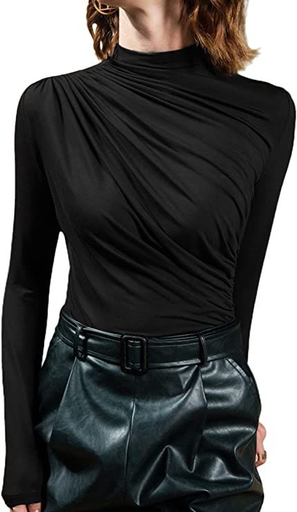 Avanova Women's Ruched Front Long Sleeve Elegant Blouse Top Mock Neck T Shirt | Amazon (US)