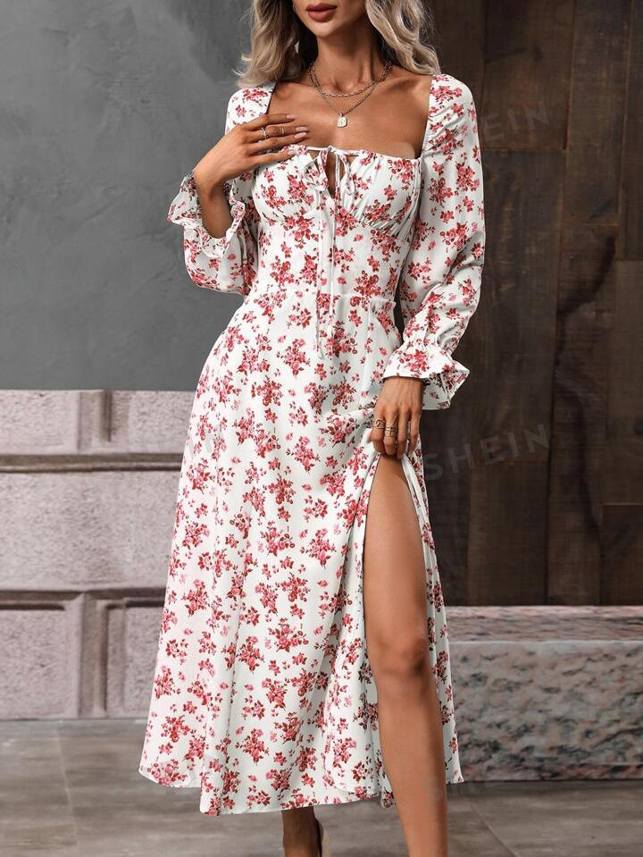 SHEIN VCAY Allover Floral Print Flounce Sleeve Knot Front Split Thigh Dress | SHEIN