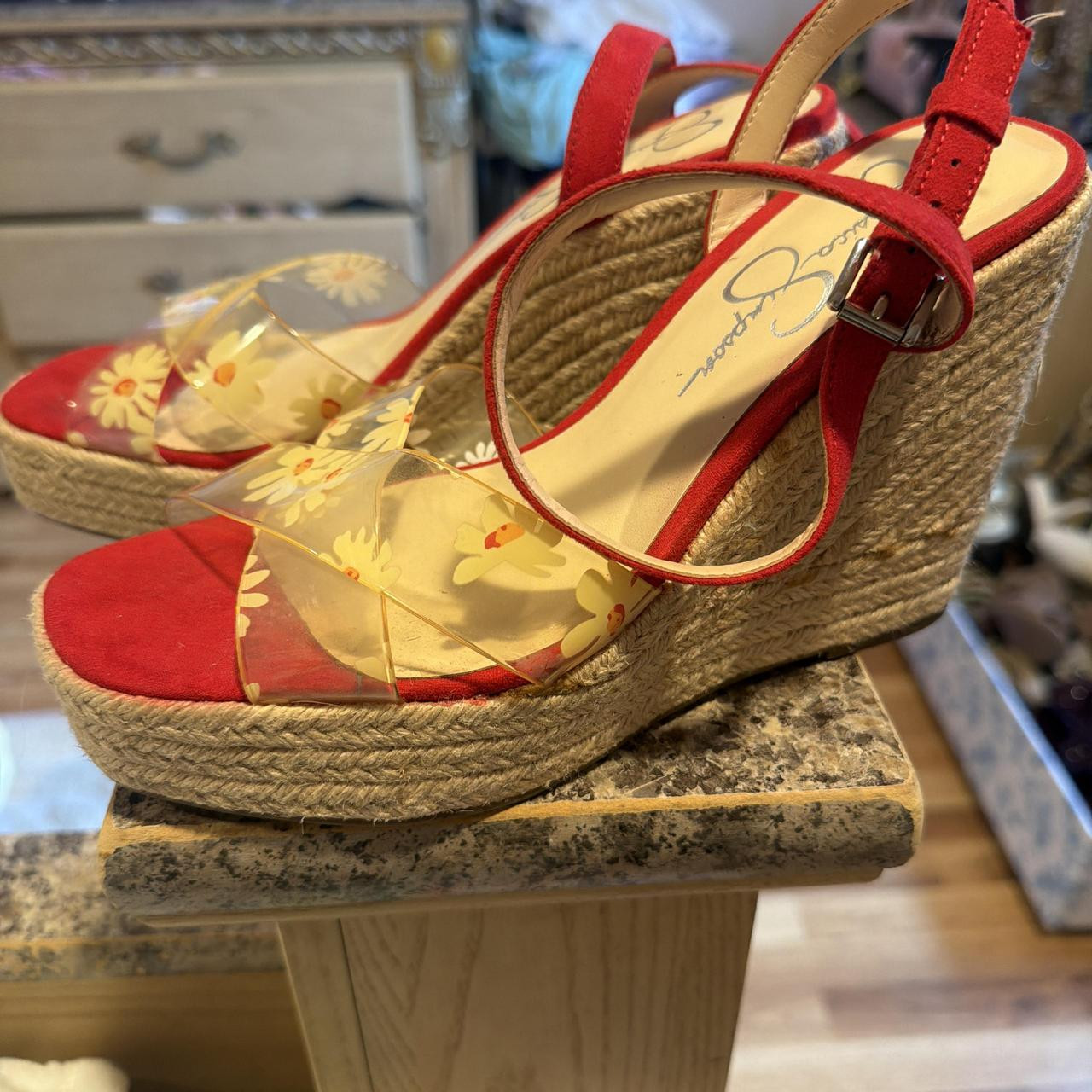 Red and yellow floral wedge sandals #floral #summer... | Depop | Depop US