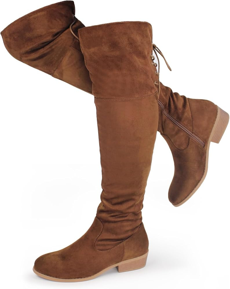 Women's Thigh High Fashion Boots Over The Knee Black Low Flat Heel Boots | Amazon (US)