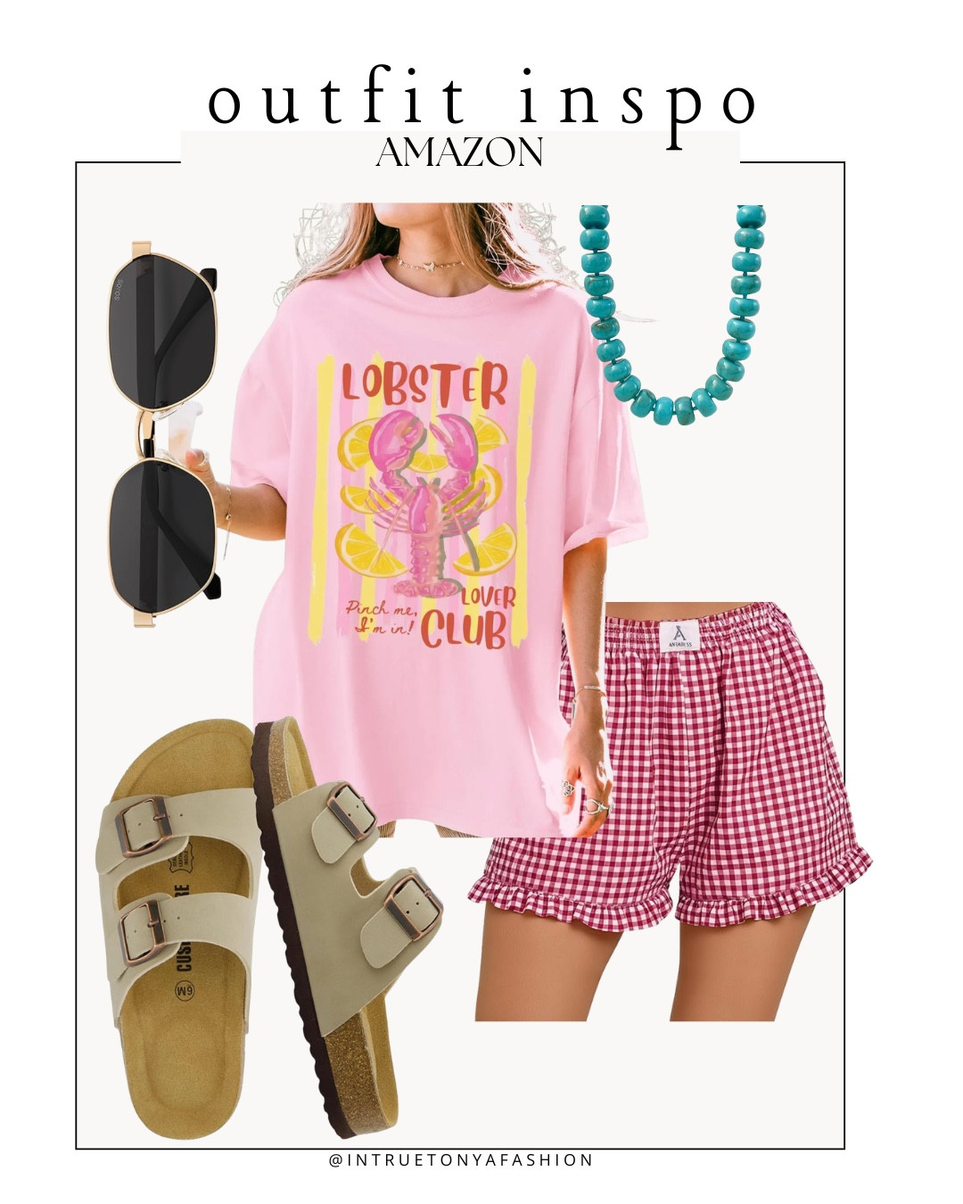 Summer outfit idea — pink coastal lobster graphic tee, gingham shorts, Birkenstock look for less (i went up half a size) beaded necklace and sunglasses 






vacation outfits, tropical outfits, beach outfits, beach clothes, resort wear 2026, summer outfits, beach vacation outfit, coastal outfit, coastal graphic tee 

#LTKPetite #LTKSaleAlert #LTKootd