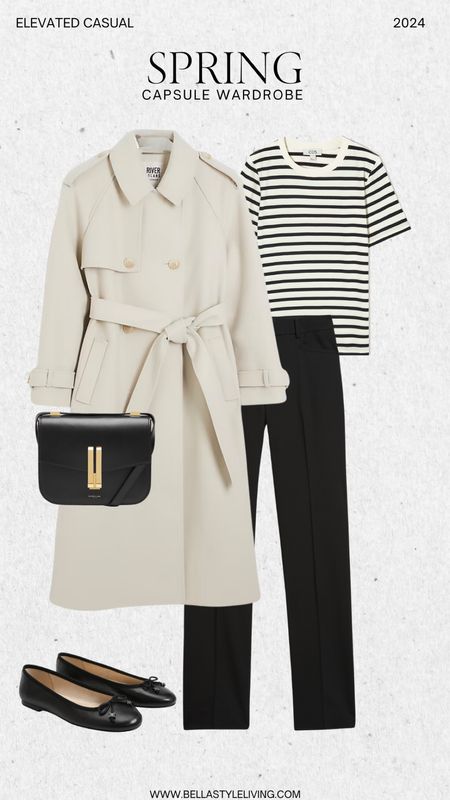 Chic, Parisian spring capsule wardrobe outfit idea, pair black pants with striped tea and trenchcoat with black ballet flats.

#LTKworkwear #LTKstyletip #LTKfindsunder100