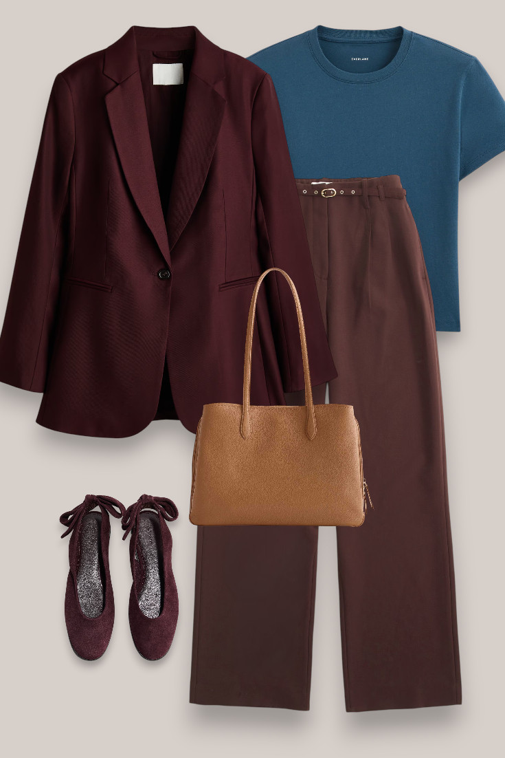 Burgundy and chocolate brown might be one of my favourite colour combinations for fall 🍷🤎 Adding a simple blue tee keeps the blazer and wide leg trousers feeling relaxed rather than too corporate. Love this for work, lunch or dinner. 

 #LTKautumn #LTKworkwear #LTKstyletip