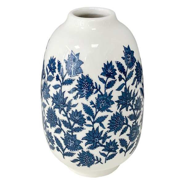 Blue & White Floral Design Vase, 7", Stoneware, sold by At Home | At Home