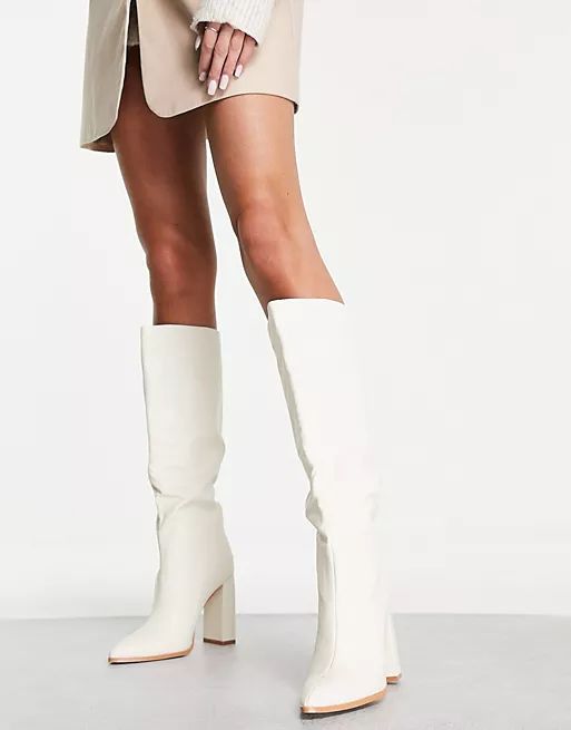 Public Desire Posie heel knee boots in off white | ASOS (Global)