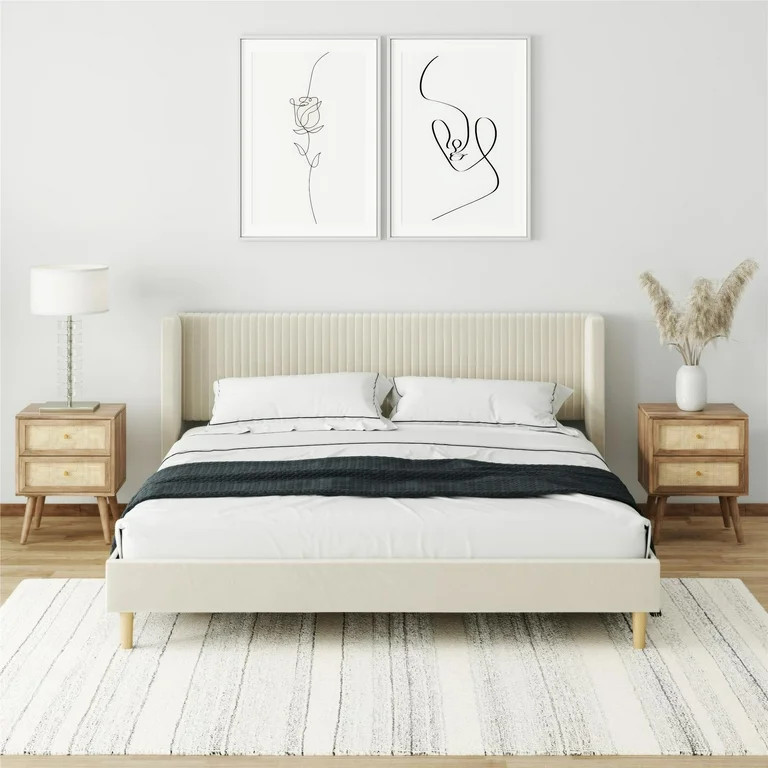 Mainstays Kelsey Upholstered Platform Bed Frame with Tufted Wingback Headboard, No Box Spring Req... | Walmart (US)