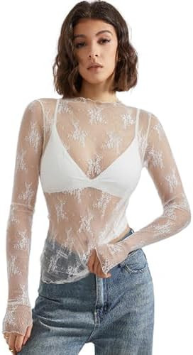 SUUKSESS Women Sexy Mesh Sheer Long Sleeve Tops Mock Neck Going Out Lace Shirts | Amazon (US)