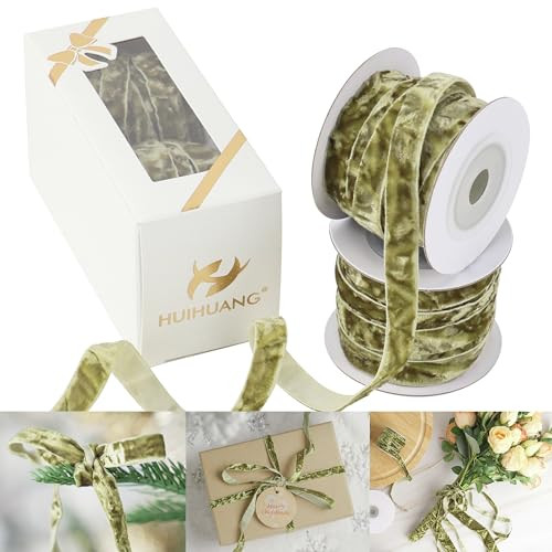 HUIHUANG Sage Green Velvet Ribbon 3/8" Crushed Velvet Ribbon for Christmas Tree Ornaments, Gift Wrapping, Wreath Decoration, Invitations, Holiday Home Decor, Bows, Flower Bouquet -10 Yards | Amazon (US)