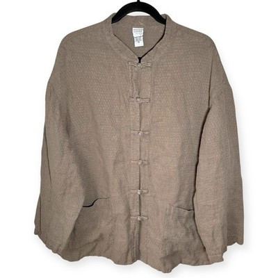 EILEEN FISHER 100% Linen Jacket 1X Mandarin Collar Texture Taupe Brown Lagenlook | eBay US