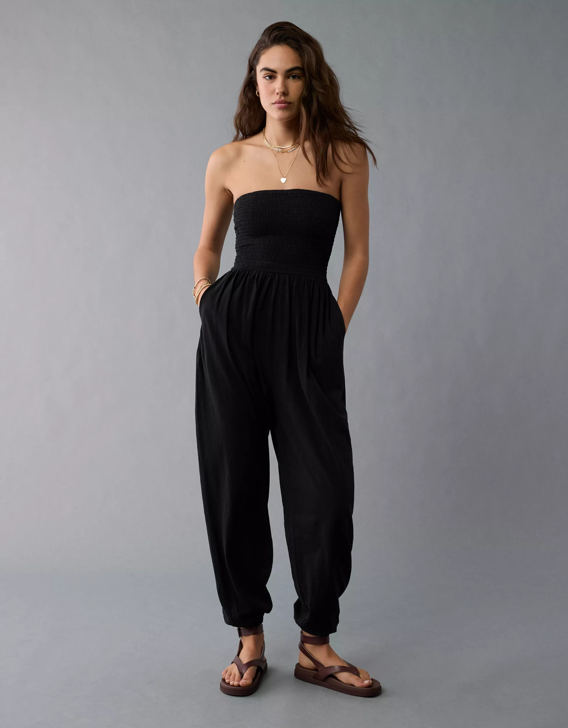 AE Sunchaser Knit Smocked Tube Jumpsuit | American Eagle Outfitters (US & CA)