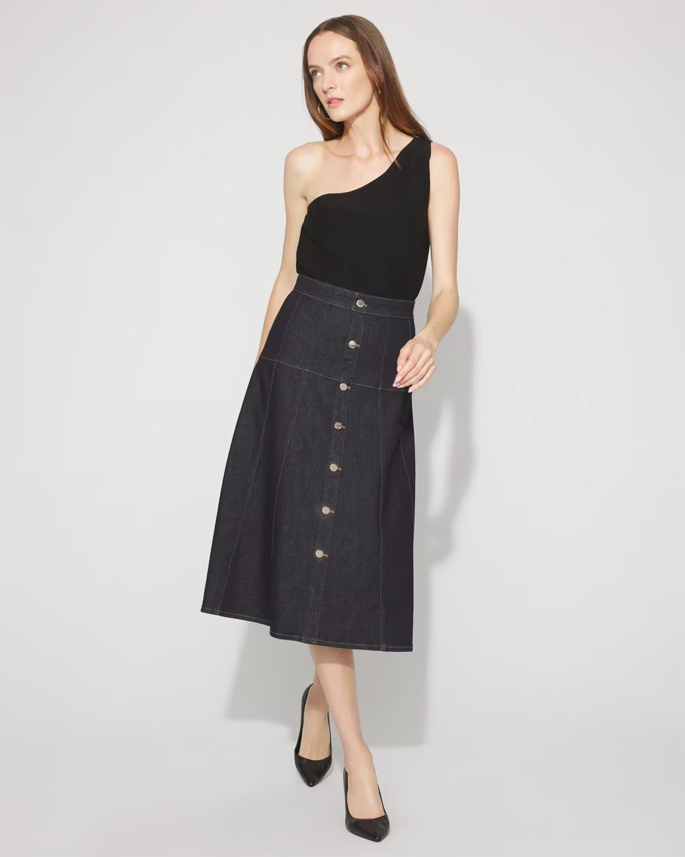 Drop Waist Denim A-Line Midi Skirt | White House Black Market