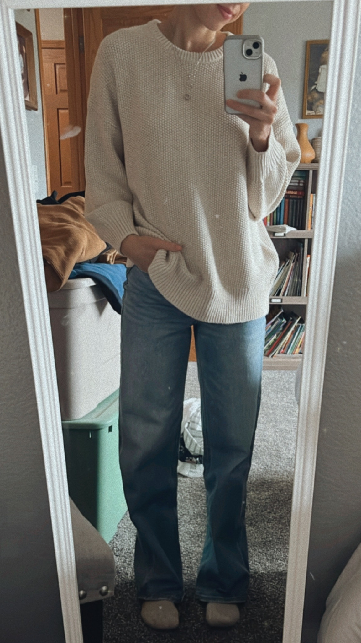 High waisted wide leg jeans on sale at old navy. Sized down one. Cream cozy affordable but feels expensive sweater! Sized up 2 sizes to a L for oversized look. Wide leg jeans under $50. Sweater under $30 right now! 

#LTKSeasonal #LTKsalealert #LTKunder50