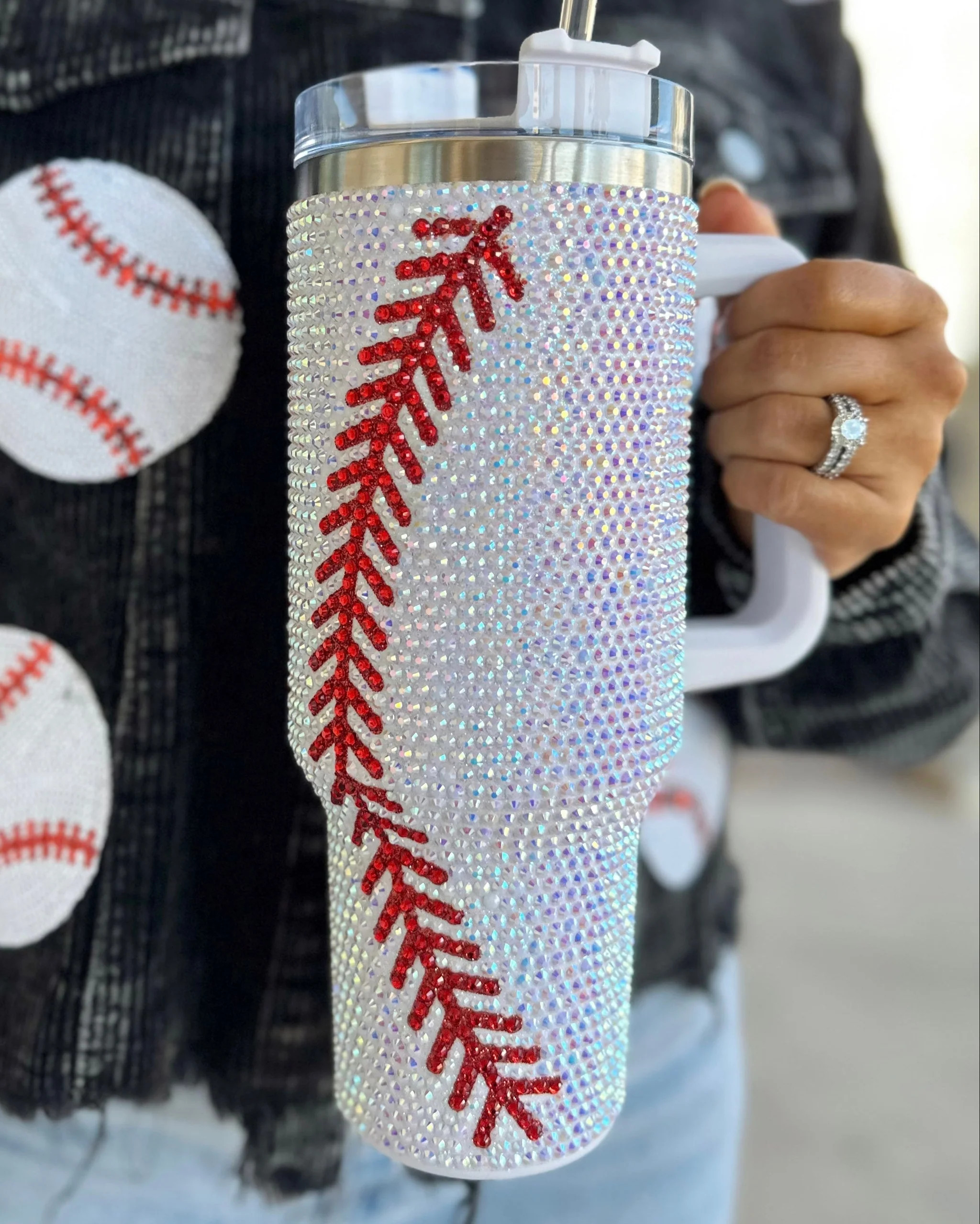 Crystal Baseball White/Red "Blinged Out" 40 Oz. Tumbler (Ships Approx. 4/15) | Live Love Gameday®