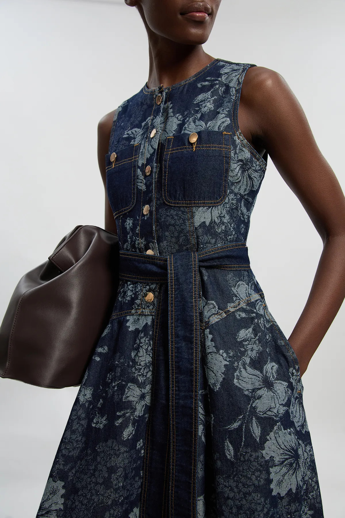 Dresses | Jacquard Denim Full Skirted Midi Dress | KarenMillen | Karen Millen US