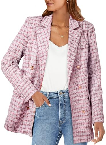 Happy Sailed Womens Tweed Blazers Casual Jackets Long Sleeve Double Breasted Open Front Plaid Bla... | Amazon (US)