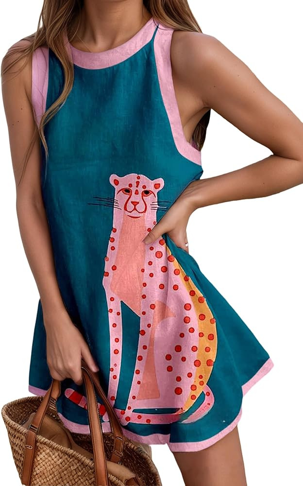 Womens Linen Tank Dress Summer Boho Beach Vacation Mini Dresses Casual Crewneck Novelty Animal Pr... | Amazon (US)