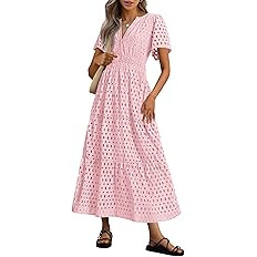 PRETTYGARDEN Womens 2025 Summer Maxi Dress Short Sleeve V Neck Hollow Out Eyelet A Line Long Flow... | Amazon (US)