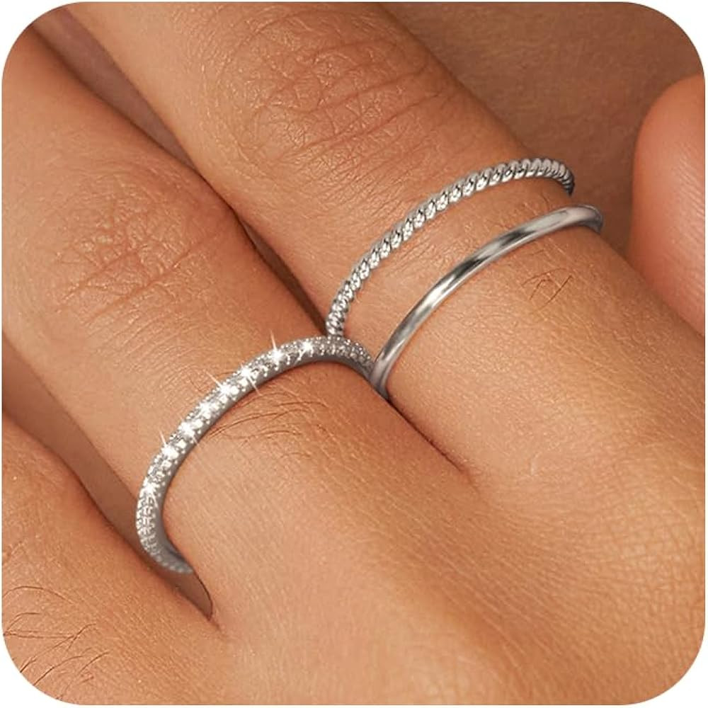 Moodear 3PCS Silver Rings for Women, Non Tarnish Wedding Bands Stackable Thin Rings for Women Cub... | Amazon (US)