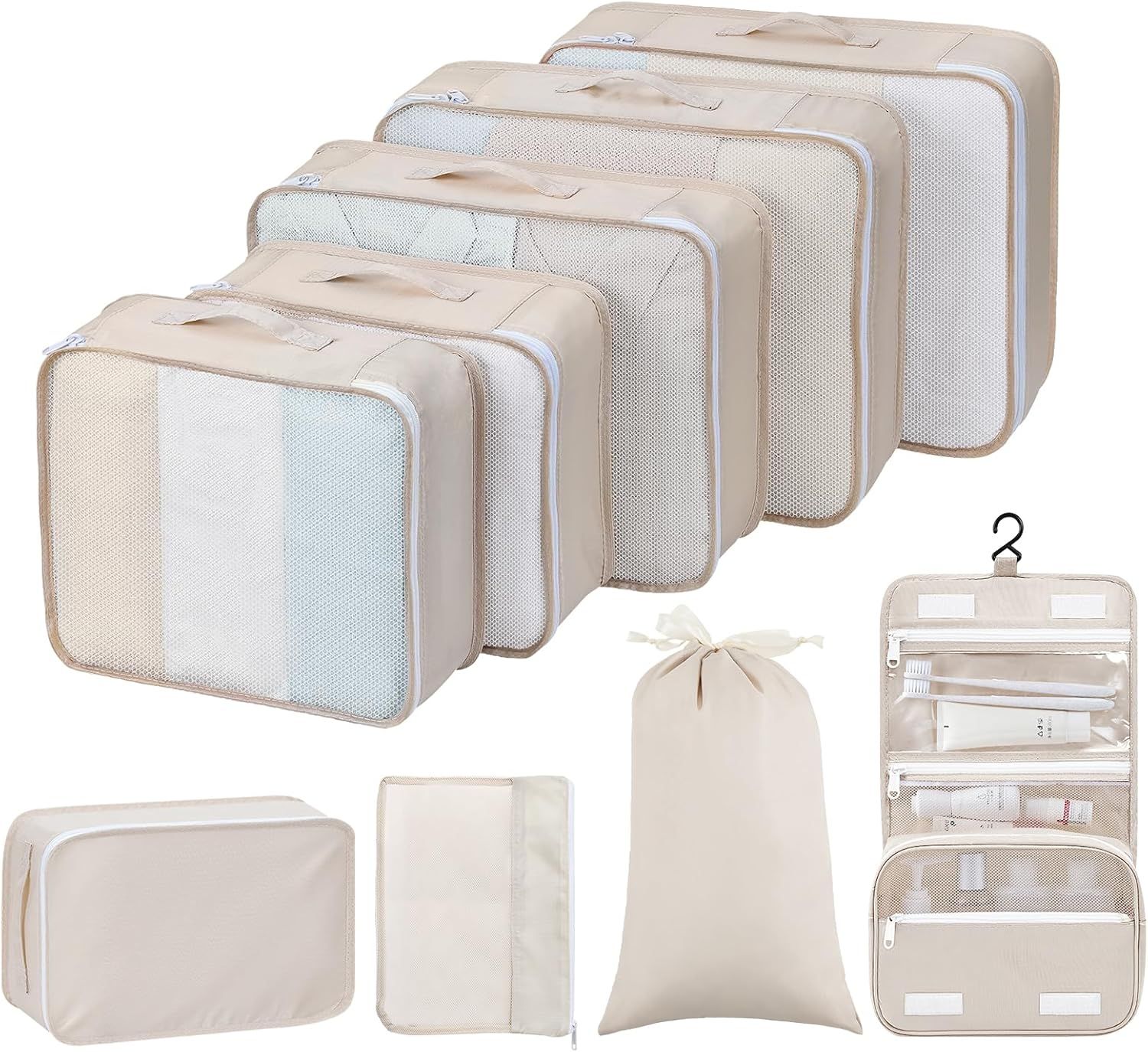 Easortm 9 Pack Nylon Laundry Bag, Zipper Closure, Beige Color, 9 Packing Cubes, Shoe Bag, Toiletr... | Amazon (US)