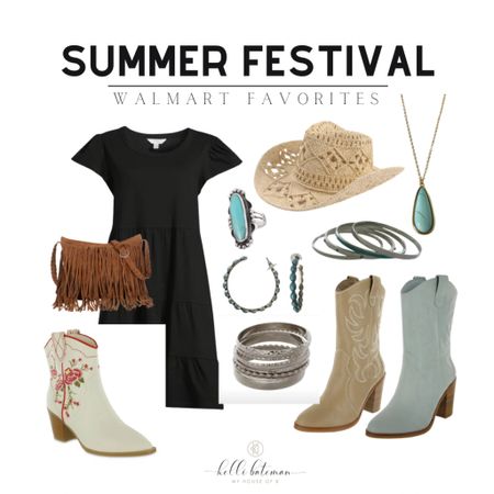 Summer Festival Outfit Idea from Walmart! #WalmartPartner #WalmartFashion! 
Black dress, cowgirl boots, straw hat, turquoise jewelry, fringe purse. 

#LTKstyletip #LTKunder50 #LTKSeasonal